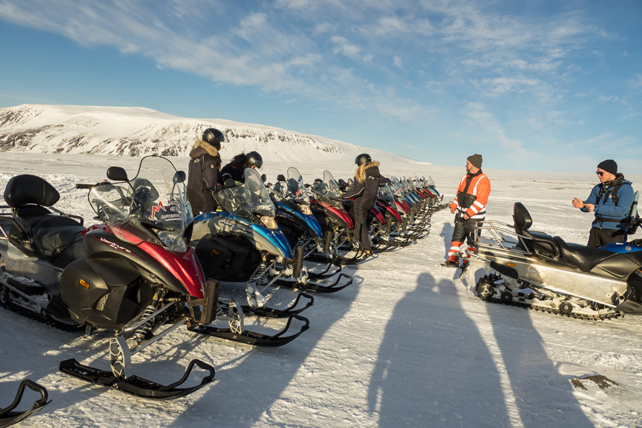 Our snowmobiles, which we would be taking the rest of the way up the glacier.